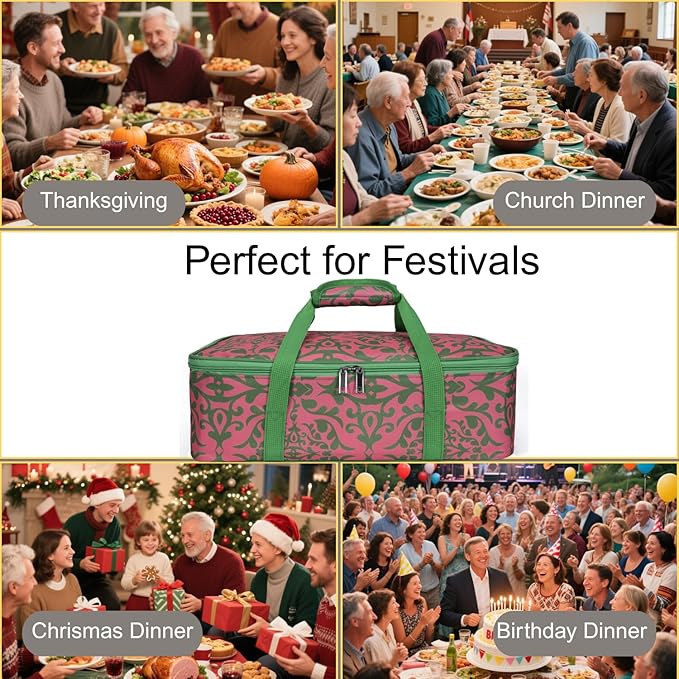 Lestyn Insulated Casserole Baking Dish Carrier Portable Lunch Tote Bag Fits Up to 9"x13" Pan for Transport to Keep Food Hot/Cold for Gathering/Potluck Parties/Cookouts/Picnics - Pink/Green