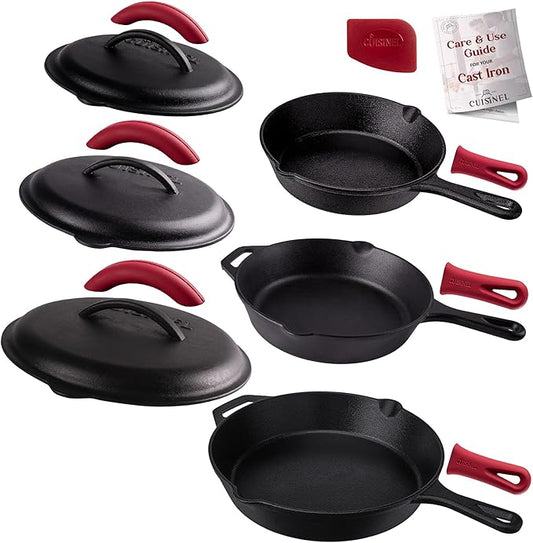 Cuisinel Cast Iron Skillets Set with Lids - 8"+10"+12"-inch Pre-Seasoned Covered Frying Pan Set + Silicone Handle and Lid Holders + Scraper/Cleaner - Use Cookware Indoor/Outdoor, Oven, Stovetop, Fire
