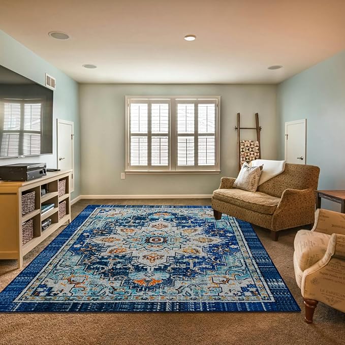 Easy-Going Large Area Rug 8x10 Washable Boho Rugs for Living Room Non-Slip Bedroom Rug Low Pile Lightweight Tangerine Vintage Throw Rug for Dining Room Kitchen Home Office Carpet, Floral Aqua Yellow