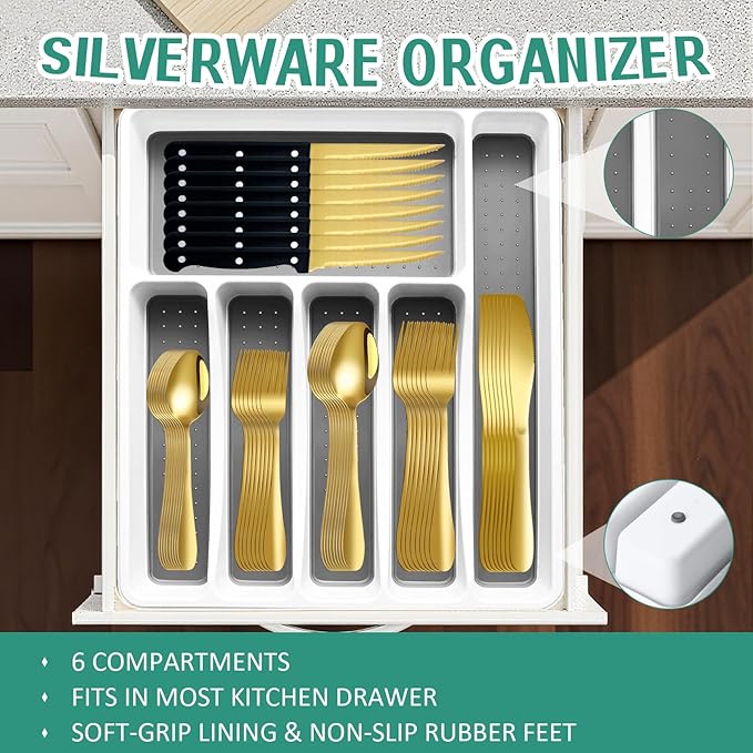 49Pcs Silverware Set with Organizer, Silver Stainless Steel Flatware Set for 8 Cutlery Utensil Sets with Steak Knives, Spoons and Forks Set, Dishwasher Safe