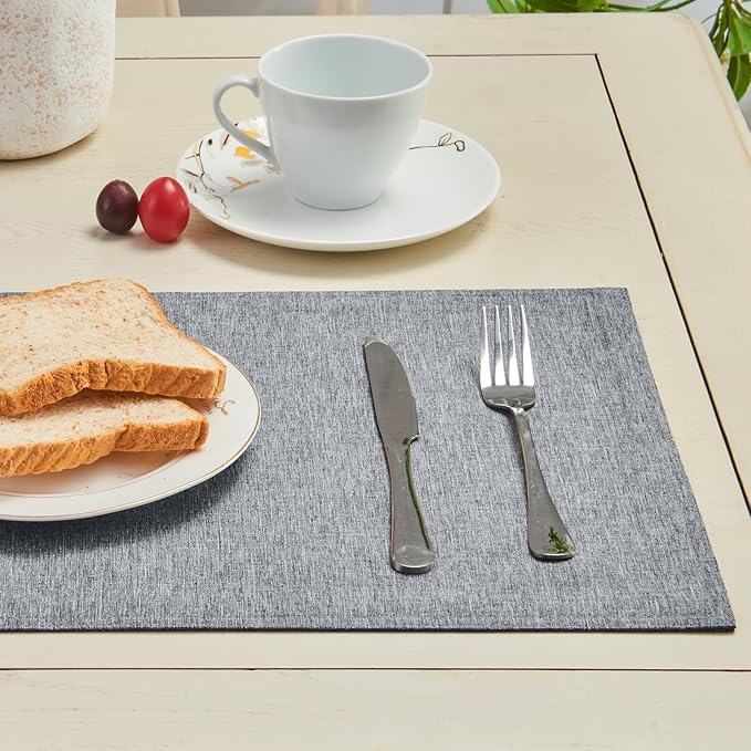 Cloth Place Mats Set of 8–Reusable Rectangular Waterproof Fabric Polyester Washable Wipeable Heat Resistant Linen for Kitchen Dining Dinner Restaurant Wedding Table(Gray/13x19 Inch)