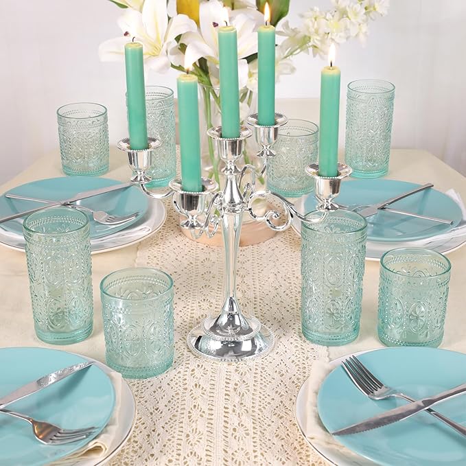 6 Pack Green Vintage Glassware Set, 10oz Textured Embossed Drinking Glasses, Colored Water Glasses, Green Glass Cups for Juice, Cocktails, Beer, Iced Tea, Soda