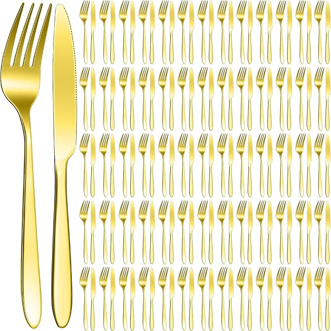 Nuenen 150 Pcs Stainless Steel Set Include 75 Dinner Forks and 75 Knives, Metal Steak Knives Forks Flatware Tableware Cutlery Set for Home Restaurant Hotel, Mirror Polished, Dishwasher Safe (Gold)