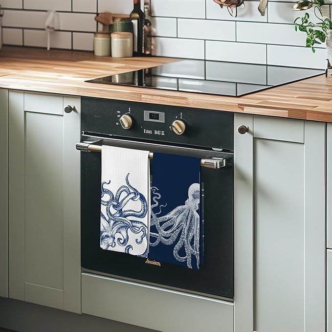 Coastal Octopus Beach Decor Dish Hand Tea Towels for Bathroom Kitchen, Octopus Ocean Nautical Beachy Bathroom Decor, Coastal Nautical Kitchen Towels and Dishcloths Sets of 2, 16x24 Inches