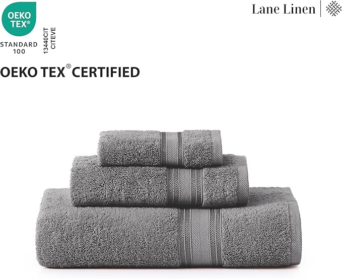 LANE LINEN Luxury Bath Towels Set - 6 Piece, 100% Cotton, Quick Dry, Soft & Absorbent, Zero Twist - 2 Bath Towels, 2 Hand Towels, 2 Washcloths - Cool Grey