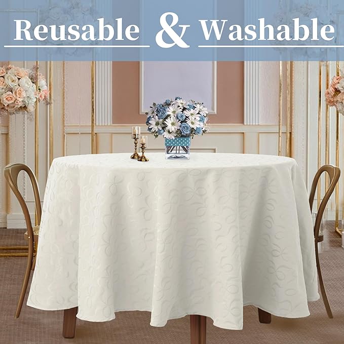 White Round Tablecloth 70 Inch Cloth for 5ft Tables (4-6 Seats) - Cotton & Polyester - Wrinkle/Fade Resistant - Washable & Reusable - 1PC Circle Table Cover for Wedding, Party & Dining, Bows Jacquard