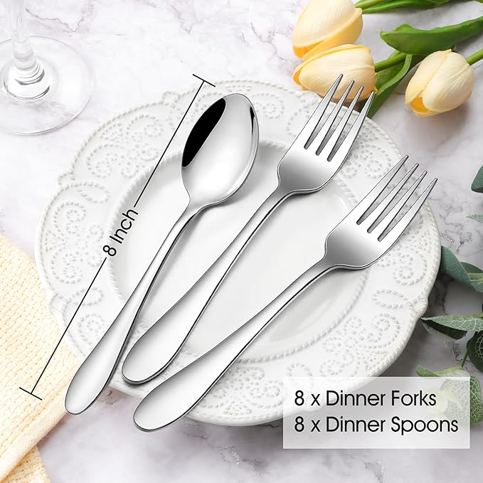 E-far 16-Piece Dinner Forks and Spoons, Stainless Steel Silverware Flatware Eating Utensils Set for Home Kitchen Restaurant, Food Grade Metal & Streamline Design, Mirror Finish & Dishwasher Safe, 8 In