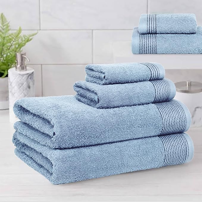 Belizzi Home 100% Cotton Ultra Soft 6 Pack Towel Set, Contains 2 Bath Towels 28x55 inchs, 2 Hand Towels 16x24 inchs & 2 Washcloths 12x12 inchs, Compact Lightweight & Highly Absorbant - Sky Blue