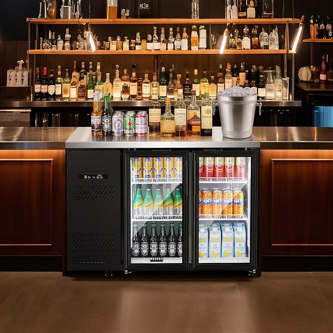 BODEGACOOLER Commercial Back Bar Cooler with 2 Glass Doors,12 Cu.Ft Stainless Steel Commercial Counter Height Bar Refrigerator,Display Drink Beverage Beer Fridge LED Lighting,SUS304 Top,4 Casters