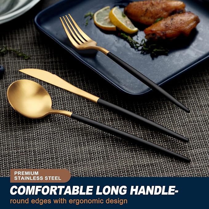 EUIRIO 48-Piece Matte Black&Gold Silverware Set with Steak Knives, Flatware Set for 8, Stainless Steel Forks and Spoons Silverware Sets, Cutlery Utensils Set, Satin Finish & Dishwasher Safe