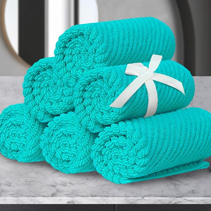 Turquoise Washcloths (6PC, 13"x13") - 100% Cotton | Lightweight | Thick | Quick Dry | Soft | Absorbent, Luxury Towels for Face, Fluffy Wash Cloths for Bathroom, Towel Gift Set, Turquoise