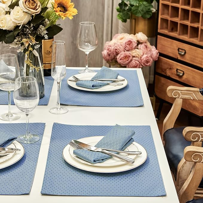 Place Mats Set of 8 – Rectangle Rectangular Waterproof Fabric Polyester Cloth Washable Wipeable Heat Resistant Placemats for Kitchen Dining Dinner Table Indoor 13 x 19 Inch Light Blue