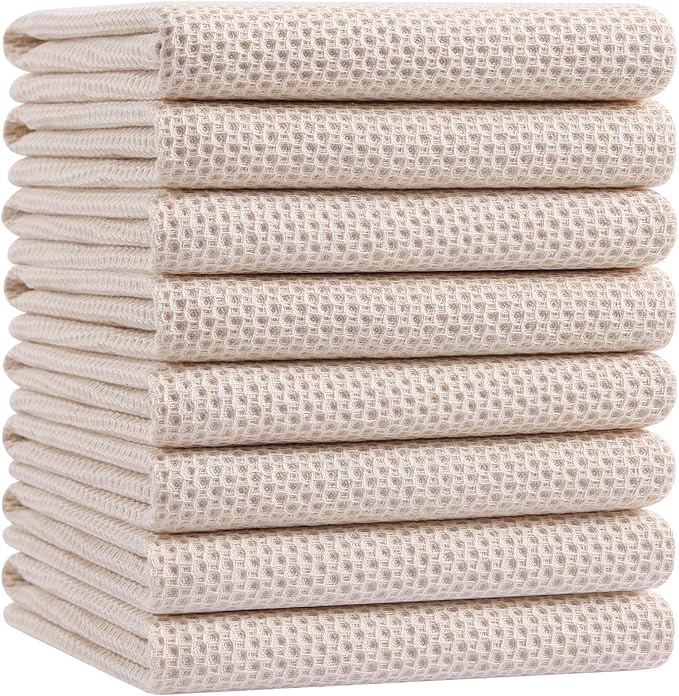 Homaxy 100% Cotton Waffle Weave Kitchen Dish Towels, Ultra Soft Absorbent Quick Drying Cleaning Towel, 20x28 Inches, 8-Pack, Beige