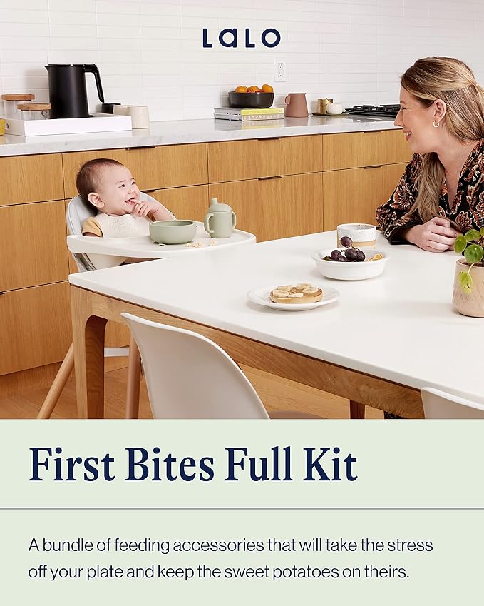 Lalo First Bites Silicone Baby Feeding Set - Baby Led Weaning Supplies - Non-Toxic Silicone - Includes 1 Bib, 2 Spoons, Training Cup, Suction Plate and Bowl - 6 Pieces - Blueberry