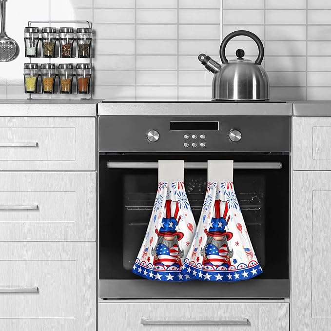 Giwawa American Flag Hand Towels 2 Pack Home Decorative Patriotic Gnome Kitchen Dish Towels Hanging Tie Towels for Bathroom Tabletop Holiday
