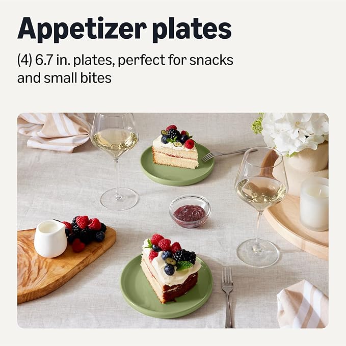 Amazon Basics Glazed Stoneware Appetizer Plates, Ceramic 4-Piece Set, Microwave and Dishwasher-Safe, 6.7 in., Olive
