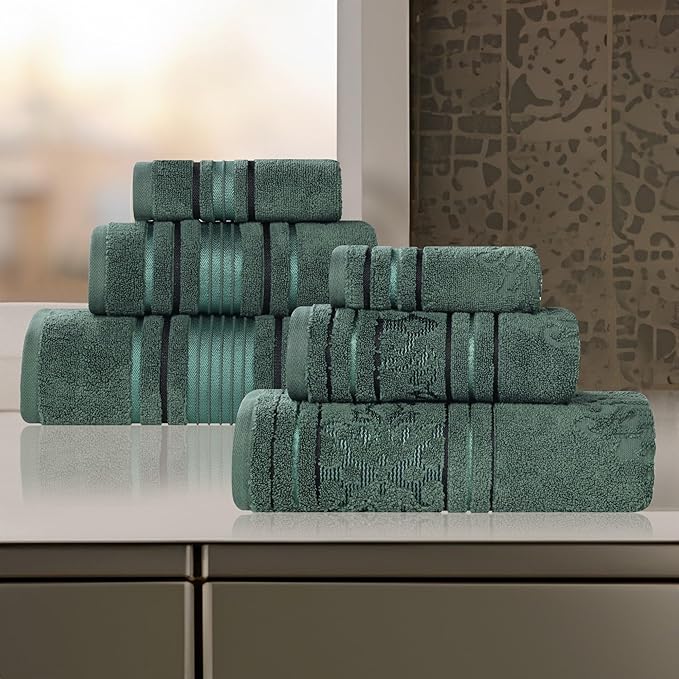 Superior Cotton 6 Piece Assorted Floral Towel Set, 2 Bath, 2 Hand, 2 Washcloth/Face Towels, Quick Dry, Home Essentials, Shower, Spa, Luxury Plush Soft Absorbent Towels, Zero Twist, Forest Green