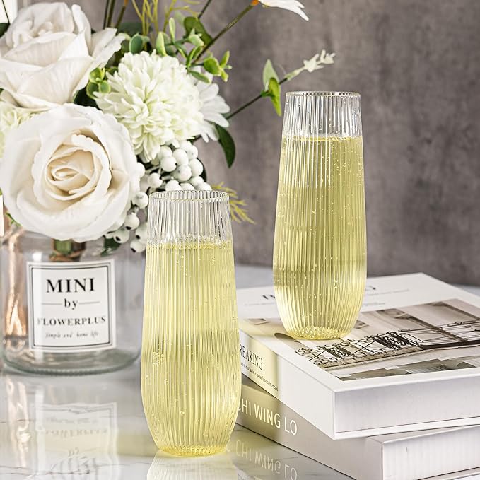 HOMIP 36pcs Clear Plastic Champagne Flutes - 9oz Disposable Champagne Flutes Stemless Toasting Glasses, Ribbed Ripple Design (BPA-Free) for Weddings, Bars & Events - Disposable Party Cups