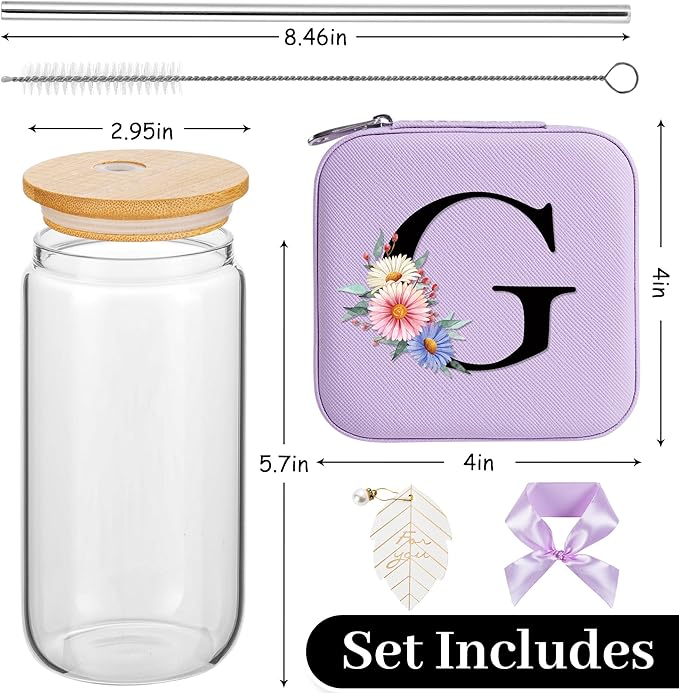 AYGXU Travel essential jewelry box,16oz Glass Cups with Bamboo Lids and Straws set,Personalized Jewelry Boxes for Women Girls,Travel Gifts for Women,Birthday Gifts for Girls,Initial G purple