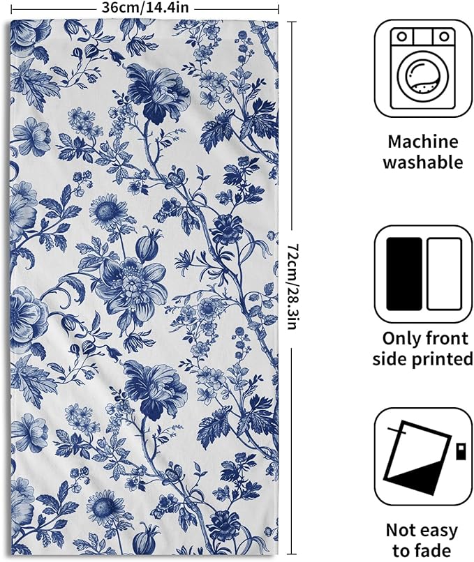 Blue Flowers Hand Towels 14.4 x 28.3 Inch Set of 2 Blue White Decorative Vintage Floral Bathroom Towels Soft Absorbent Microfiber Tea Towel Dish Towel for Sport,Yoga,Gym,Spa