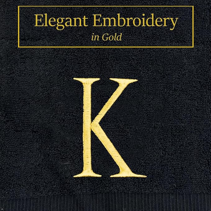 Black Monogrammed Hand Towels for Bathroom - Black and Gold Luxury Hotel Quality Personalized Initial Decorative Embroidered for Powder Room, Spa-GOTS Organic Certified - Pack of 2, Letter K