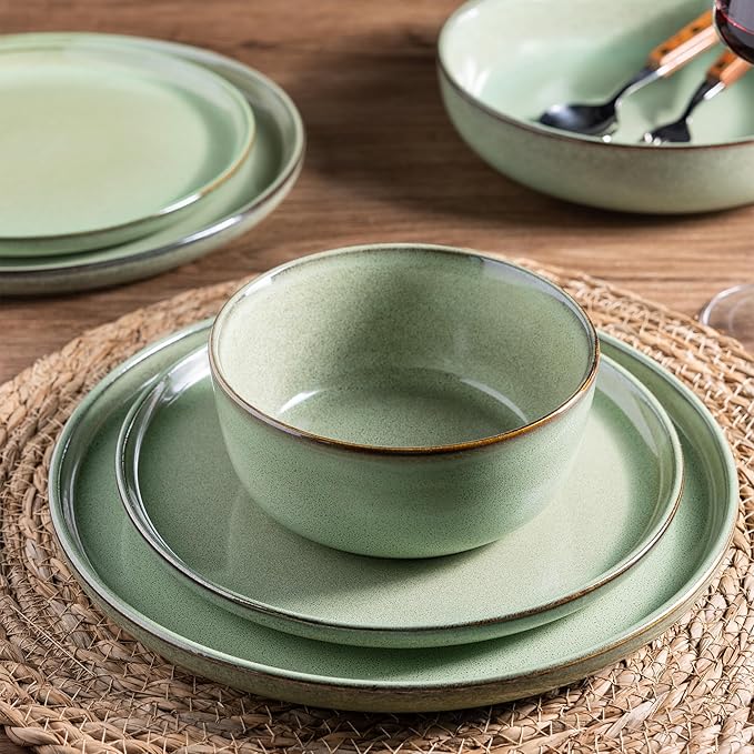 GBHOME Ceramic Dinnerware Sets for 8, 24 Pieces Stoneware Plates and Bowls Sets, Scratch Resistant Dishes, Dishwasher & Microwave Safe-Pastel Green