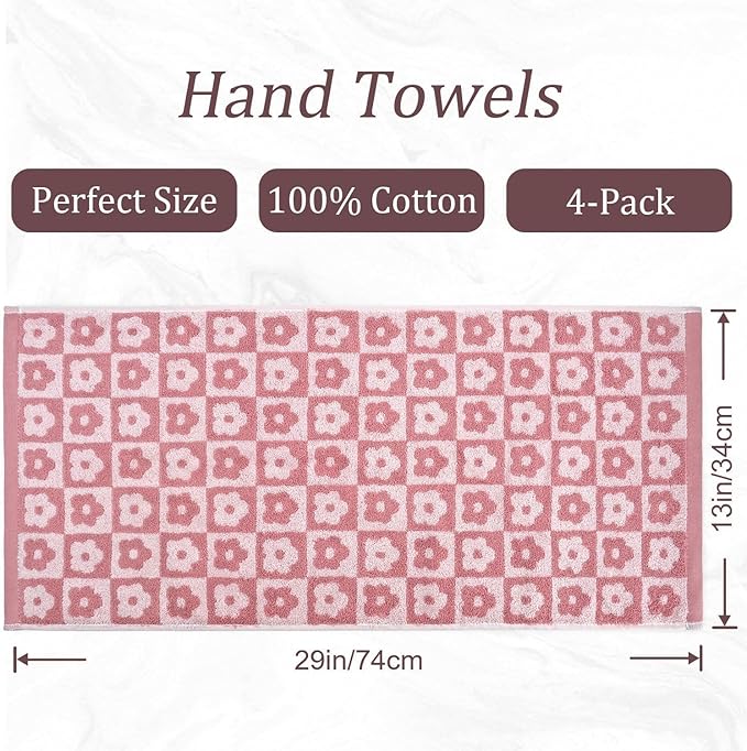 Jacquotha Cotton Hand Towels Pink Checkered Floral - Quick Drying Hand Towel Set of 4, for Women Girls Bathroom Decor, 29” x 13”