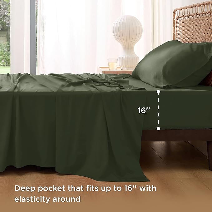 Bedsure Cooling Sheets Twin, Rayon Derived from Bamboo, Breathable & Soft Twin Sheets Set, Deep Pocket Up to 16 Inches, Hotel Luxury Silky Bedding for Hot Sleepers, Olive Green