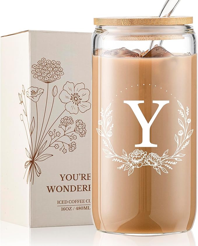 Personalized Gifts for Women, Monogrammed 16oz Glass Cups with Bamboo Lids and Straws, Customized Glass Tumbler, Cute Custom Mug, Customizable Initial Iced Coffee Glasses, Birthday Bridesmaid Mom, Y