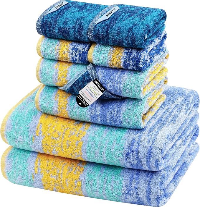 SEMAXE Bath Towel Set of 8 Include 2 Bath Towels, 2 Hand Towels, 4 Washcloths, 100% Cotton Bathroom Towels with Hanging Loops and Nano-Bio Lifecycle Labels,Colorful Towel - The Starry Night Collection