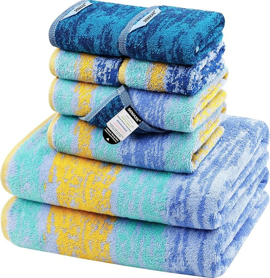 SEMAXE Bath Towel Set of 8 Include 2 Bath Towels, 2 Hand Towels, 4 Washcloths, 100% Cotton Bathroom Towels with Hanging Loops and Nano-Bio Lifecycle Labels,Colorful Towel - The Starry Night Collection