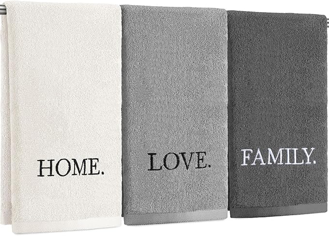 3 Pcs Farmhouse Decorative Hand Towels for Bathroom and Kitchen Rustic Embroidered 100% Cotton Hand Towels Decorative Set for Boho Bathroom Decor (Gray,Home Love Family)
