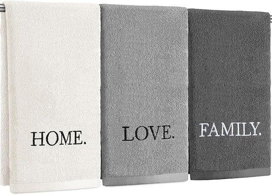 3 Pcs Farmhouse Decorative Hand Towels for Bathroom and Kitchen Rustic Embroidered 100% Cotton Hand Towels Decorative Set for Boho Bathroom Decor (Gray,Home Love Family)