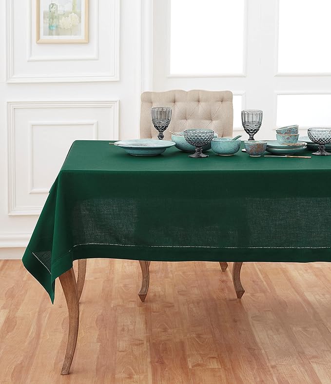 Solino Home Linen Tablecloth 60 x 90 Inch - Classic Hemstitch 100% Pure Linen Rainforest Green Table Cloth for Rectangle Tables - Machine Washable Tablecloth for Winter, New Year