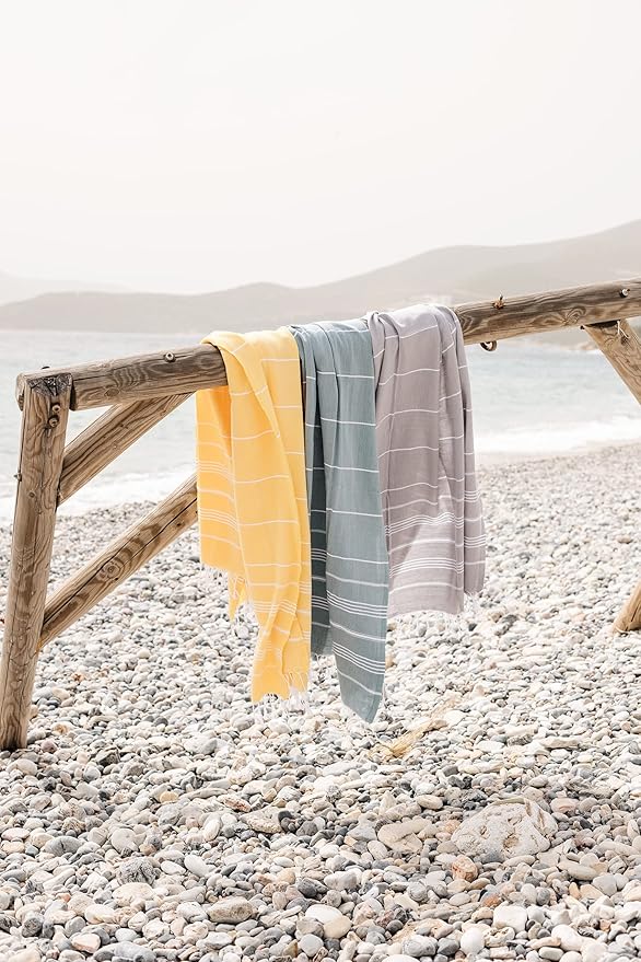 Madamelique Turkish Beach Towel with Beach Bag - 39 x 74 - Prewashed Beach Towels Oversized -%100Cotton - Quick Dry - Sand Free - Hand Loomed Turkish Bath Towels - Unique Absorbent Towel (Gray)
