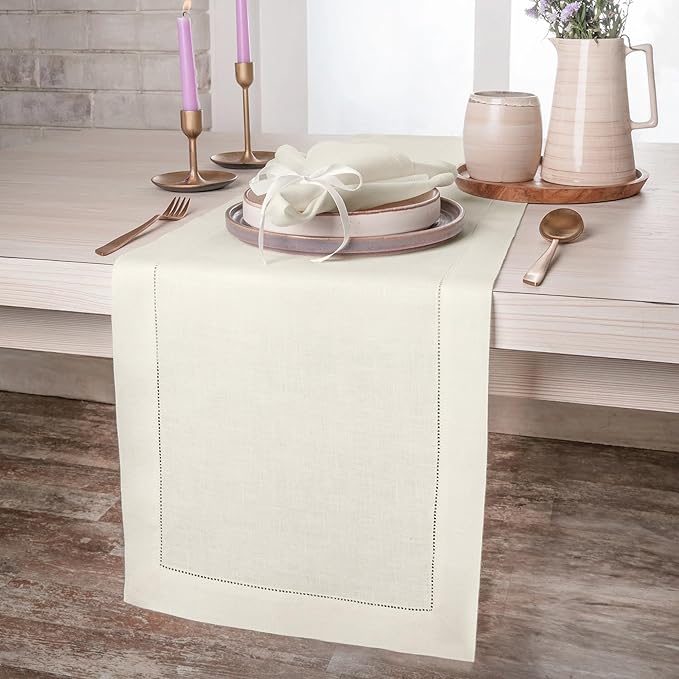 D'Moksha Homes Linen Ivory Table Runner 84 Inches Long - 100% Pure Linen Table Runner 14 x 84 Inch for Winter, Holiday, New Year - Classic Hemstitch