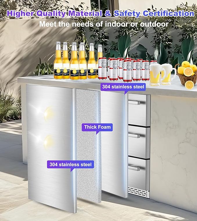 3 Drawer Beverage Refrigerator Undercounter, Hold 180 Cans 24 inch Weather Proof Stainless Steel Beverage Fridge for Outdoor, Built-in & Freestanding Beverage Cooler Fridge for Soda, Beer, Fruit