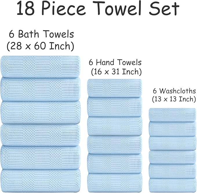 18 Pcs Blue Woven Family Towels Set-6 Bath Sheets,6 Hand Towels,6 Washcloths Soft Microfiber Towels Absorbent Shower Towel Quick Dry Beach Chair Towel Lint Less Towels Set for Bathroom Spa Gym Hotel