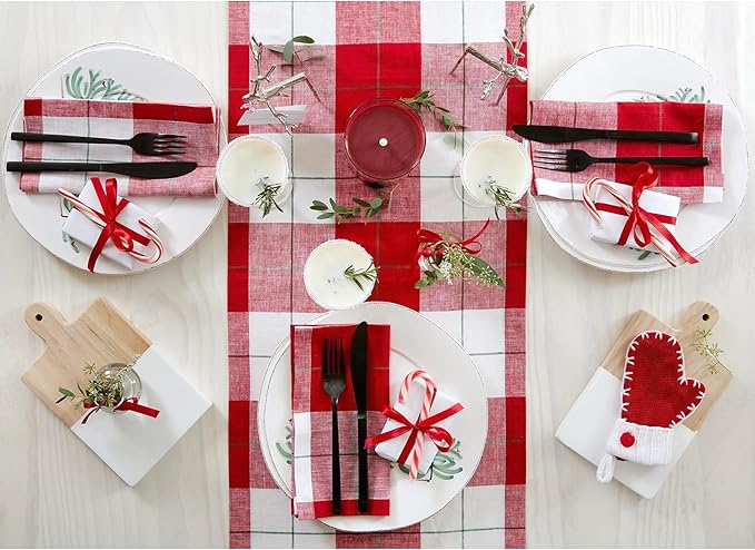 Solino Home Linen Plaid Table Runner 60 Inches - 100% Pure Linen Red and White Very Merry Tartan Plaid Short Table Runner 14 x 60 Inch Ideal for Dresser and Coffee Tables