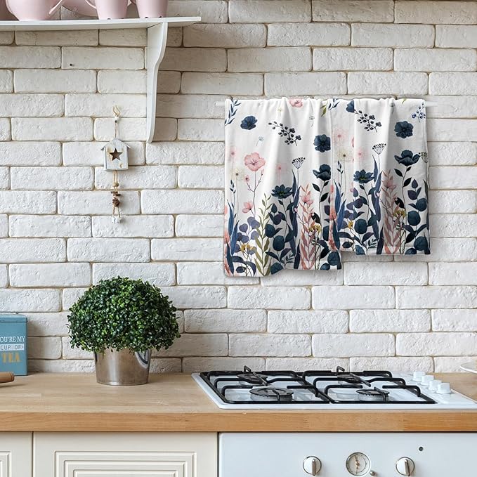 Imiss Navy Blue Pink Floral Hand Towels for Bathroom Set of 2 Poppy Flowers Botanical Leaf Guest Face Towel 14.4 x 28.3 Inch for Kitchen Gym Hotel Spa