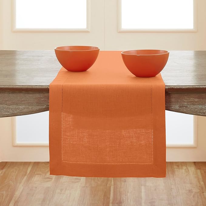 Solino Home Linen Pumpkin Table Runner 120 Inches Long - 100% Pure Linen Hemstitch 14 x 120 Inch Table Runner for Dining, Holiday - Classic Hemstitch