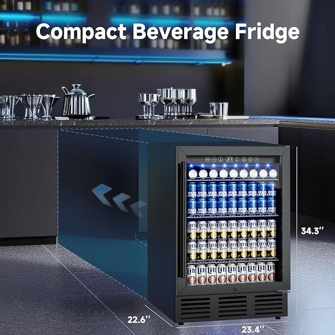 24 Inch Beverage Refrigerator, 180 Cans Under Counter Beverage Fridge with Glass Door, LED Light, Built-in or Freestanding Beer Fridge for Soda, Water, Wine - Home, Bar or Office