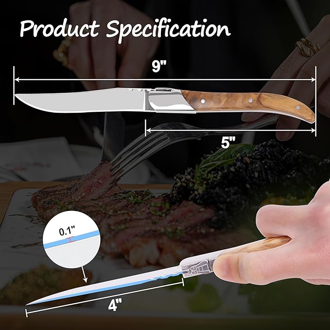 Laguiole Style Steak Knife Set of 12, Non-serrated Steak Knife Set with Olive Wood Handle, Sharp Stainless Steel Steak Knives with Gift Box, Dinner Cutlery Set for Home Party