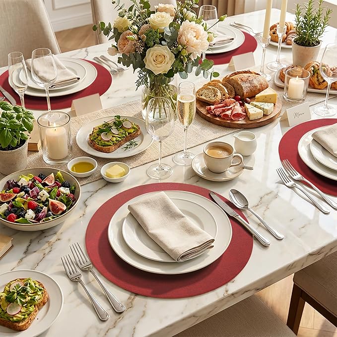 15 inch Faux Leather Round Placemats Set of 4 Non-Slip Washable Wipeable Table Mats, Heat Resistant Waterproof Oilproof Red Place Mats for Christmas, Kitchen, Dining, Party, Outdoor