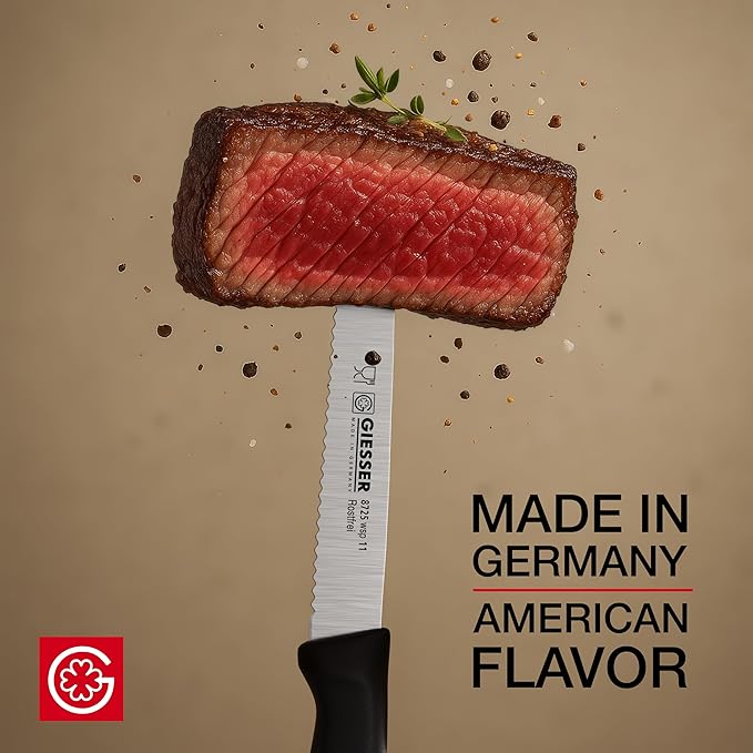 Giesser since 1776, Made In Germany, Steak Knife set of 6, serrated tip point edge, stainless steel, black