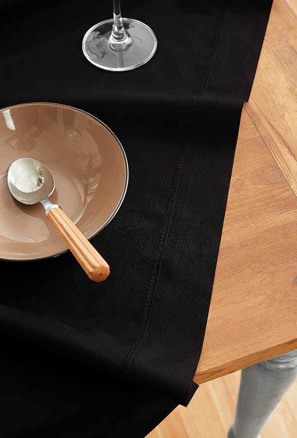 Solino Home Linen Black Tablecloth 52 x 52 Inch - Cotton Linen Hemstitch Square Tablecloth - Machine Washable Table Throw for Winter, Holiday, New Year