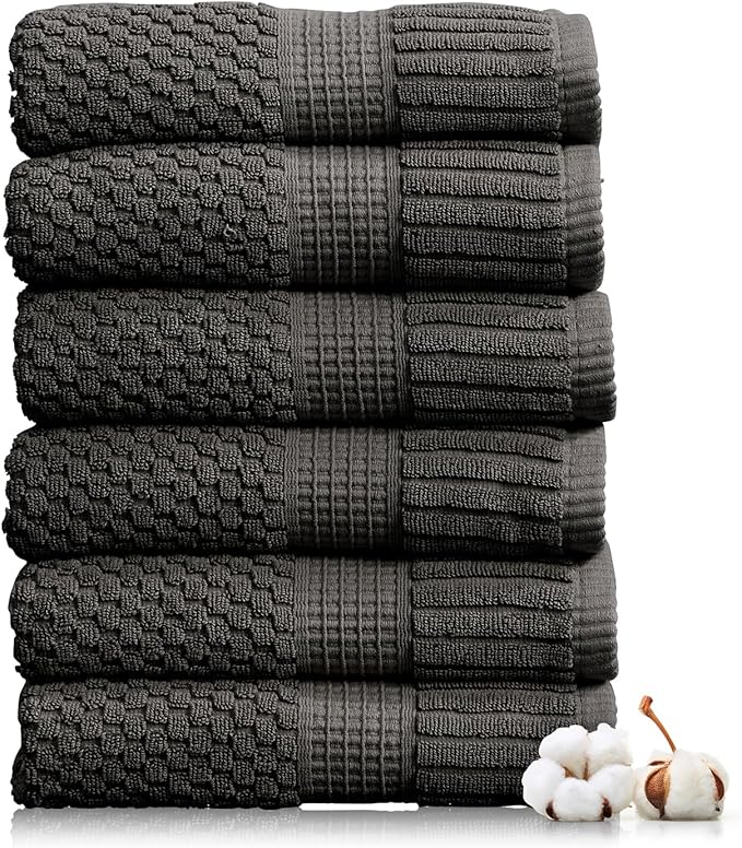 NY Loft 100% Cotton Hand Towel 6 Pack | Super Soft & Absorbent Quick-Dry Hand Towels 16" x 28" |Textured and Durable Cotton | Trinity Collection (6 Pack Hand Towel, Dark Grey)