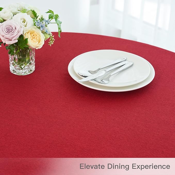maxmill Round Linen Textured Tablecloth Spill-Proof Wrinkle Free Washable Wipeable Table Cloth for Circular Table Cover, Dining Room Tablecloths Banquet Christmas Party Holiday Dinner, 70 Inch, Red