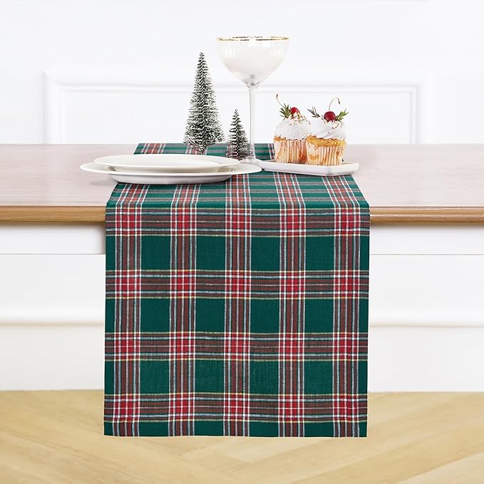 Solino Home Table Runner 48 Inches - 100% Pure Linen Green Tartan Plaid Table Runner 14 x 48 Inch Ideal for Dresser and Coffee Tables