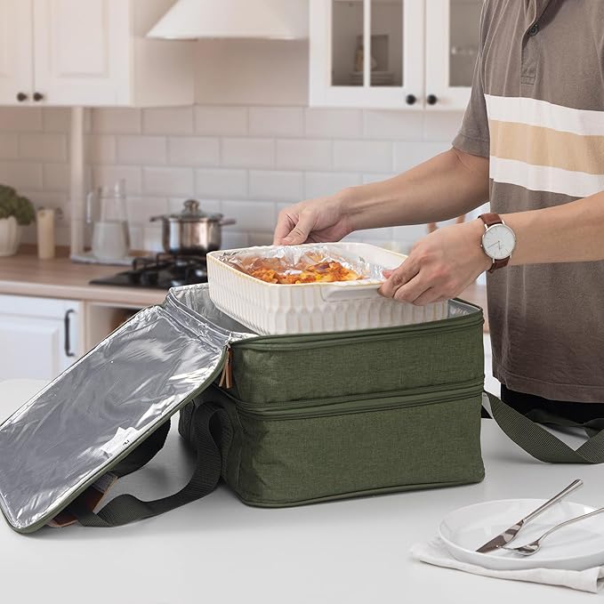 Fun Elements Casserole Carrier, Expandable Insulated Casserole Carriers for Hot or Cold Food, Thermal Lasagna Lugger Tote for Potluck/Parties/Picnic/Cookouts, Fits 9"×13" Baking Dish, Green